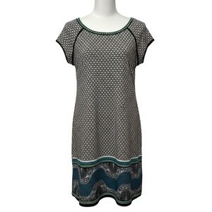 Max Studio Blue Teal Border Print Shift Dress | Short Sleeve | Size M